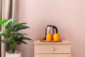 a tea kettle on a dresser next to a plant at Himara City 24 - Central & Beach Access in Himare