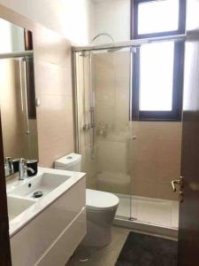 een badkamer met een douche, een toilet en een wastafel bij Coral Beach House in Viana do Castelo