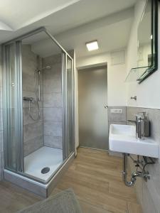 a bathroom with a shower and a sink at Messe- und Ferienwohnung Feucht in Feucht +39 photos