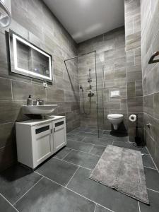a bathroom with a sink and a shower and a toilet at Apartman Zen Fojnica in Fojnica +40 photos
