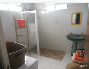 une salle de bain avec un lavabo, des toilettes et une douche dans l'établissement Chez Tatie Juju, à Sainte-Anne