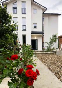 un edificio blanco con flores rojas delante de él en Vas Dom, en Soko Banja