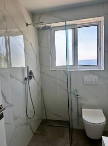 a bathroom with a shower and a toilet and a window at Lumra Rooms in Lukov&euml;