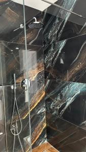 a bathroom with a shower with a glass wall at Lumra Rooms in Lukov&euml;