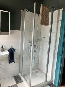 a shower with a glass door in a bathroom at Haseldorfer Landliebe in Haseldorf +25 photos