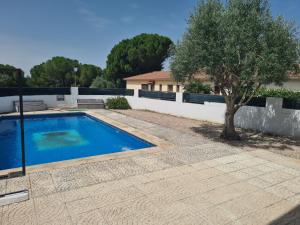 une piscine avec un arbre dans une cour dans l'établissement Chalet el castillo, à La Adrada 11 autres photos