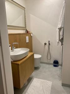 オルシュティンにあるApartament Warmiński Portの洗面台、トイレ、鏡のあるバスルーム +14枚の写真