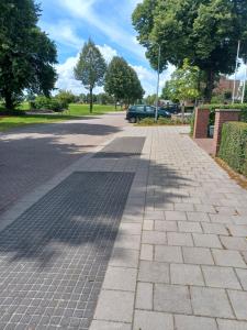 a cobblestone street with trees in a park at B&B de Kolk in Wilp +2 photos