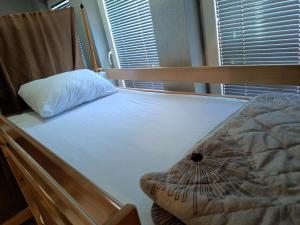 a bedroom with a bed with a pillow and a window at Historia Hostel in Skopje