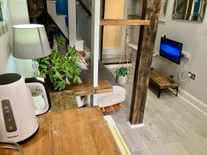 a room with a table with a lamp and some plants at Studio at 39 in Dublin