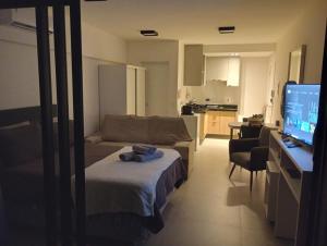 a living room with a couch and a television at Studio 306 in Marília