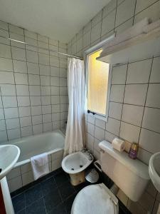 une salle de bain avec toilettes, baignoire et lavabo dans l'établissement TAAR AIKE II (Lugar de Hielo), à El Calafate