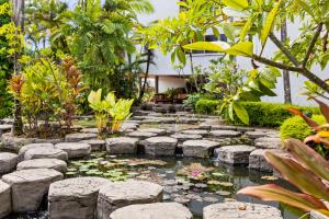 a koi pond in a garden with rocks and plants at Ultra Modern Studio Apartment in Club Tropical in Port Douglas