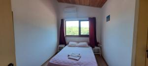 a small room with a bed and a window at Holiday House Krapets in Krapets