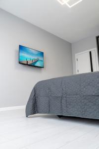 een slaapkamer met een bed en een televisie aan de muur bij RentWill apartments Silver in Chişinău