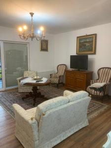 a living room with a couch and chairs and a tv at Anastasia&ale pension in Mediaş