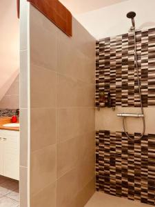 a shower in a bathroom with a tile wall at Chambre bleu in Orgères
