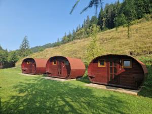 three cottages sitting on top of a hill at La Casute in Apuseni in Gârda de Sus