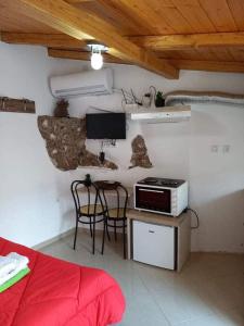 a bedroom with a bed and a desk with a tv at Rodomelo Cute Studio 3 in Leonidion
