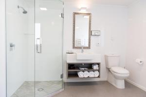 a bathroom with a toilet and a sink and a mirror at Aria on Bank in Dunedin