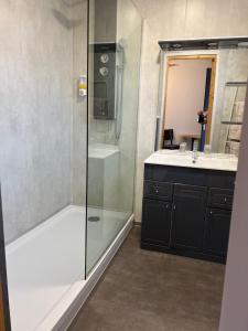 a bathroom with a shower and a sink at Auberge Restaurant La Roseraie in Grandrupt +60 photos