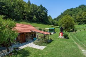 a small house with a red roof in a field at Villa Pepeljuga kuća za odmor in Vižovlje