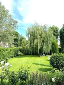 a green yard with a weeping willow tree and a bench at Emeraude in Gex