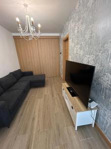 een woonkamer met een bank en een flatscreen-tv bij Apartamentos Torres del Milladoiro in Amés