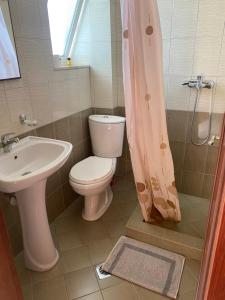 a bathroom with a toilet and a sink at Hotel Afrodite in Dhërmi