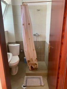 a bathroom with a toilet and a shower with a shower curtain at Hotel Afrodite in Dhërmi