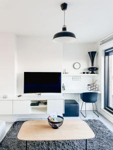 オーステンデにあるModern appartement centrum Oostende met enorm dakterras (parking beschikbaar)のテレビとコーヒーテーブルのあるリビングルーム +19枚の写真