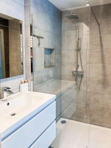 オーステンデにあるModern appartement centrum Oostende met enorm dakterras (parking beschikbaar)の洗面台とシャワー付きのバスルーム