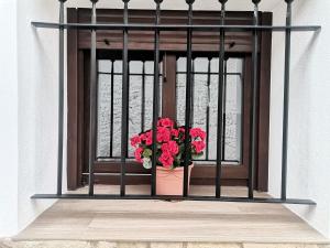 a vase filled with pink flowers sitting on a window at Casa Dolores in Villahermosa del Río