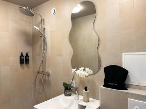 Un baño con ducha, lavabo y espejo. en Green studio Valmiera, en Valmiera 13 fotos más