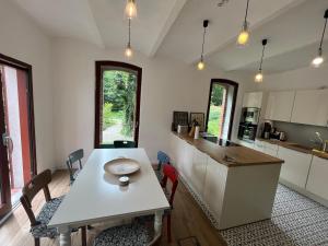 a kitchen with a white table and a counter top at Remise an der Rennbahn - 30 Minuten zum Alexanderplatz und doch im Grünen in Hoppegarten