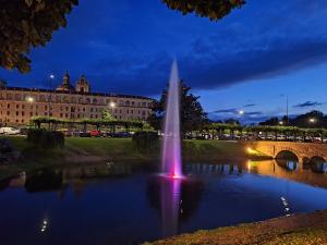 una fuente en un estanque frente a un edificio en Acea Nova 3, en Monforte de Lemos