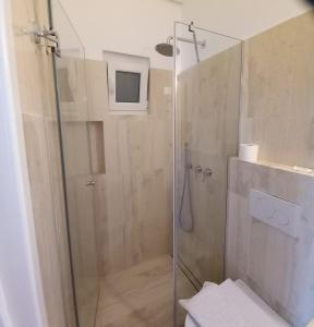 a bathroom with a glass shower with a toilet at Naias in Livadi +53 photos