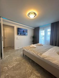 a bedroom with a large bed and a flat screen tv at Studio Ermanos in Curtea de Argeş