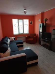 a living room with a couch and a television at Viktoria House in Sapareva Banya