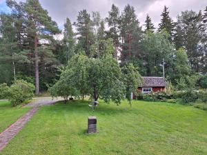 a tree in the middle of a yard with a house at Rappens Stuga,Självhushåll in Dala Husby