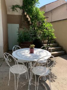 a table and chairs with a potted plant on it at Pleasant Winemaker apartment in Sablet