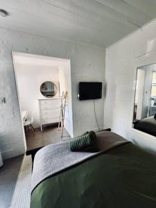 a bedroom with a bed and a mirror and a television at Rear Garden Suite in Sydney