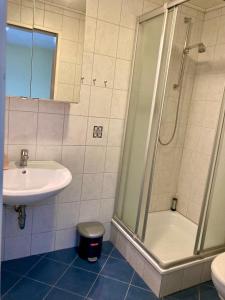 a bathroom with a sink and a shower at Nordsee 410 in Wangerooge