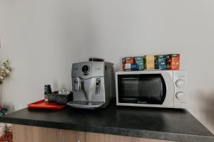 a microwave sitting on top of a kitchen counter at Aparthotel Plevnei2 in Cluj-Napoca