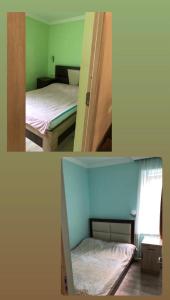 two pictures of a bedroom with a bed and a room with a window at Apartment in Dilijan in Dilijan