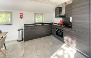 una cocina con armarios de madera oscura y fregadero en Geheim Van Otterlo, en Otterlo