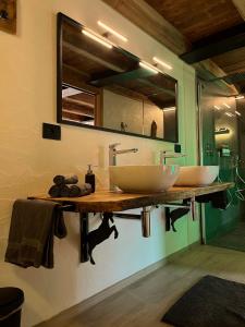 a bathroom with two sinks and a mirror at La famille d'Evian in Villeneuve