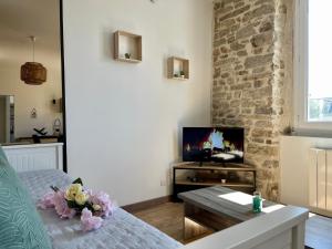 TV a/nebo společenská místnost v ubytování Logement chaleureux et lumineux avec pierres apparentes à l'Étang au Duc