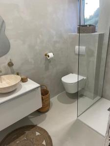 Un baño con inodoro y ducha de cristal. en House Joie, en Blaguša 23 fotos más