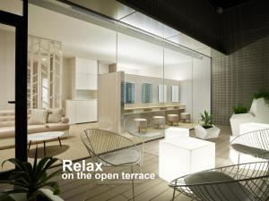 a rendering of a living room with tables and chairs at Mitsui Garden Hotel Fukuoka Nakasu in Fukuoka